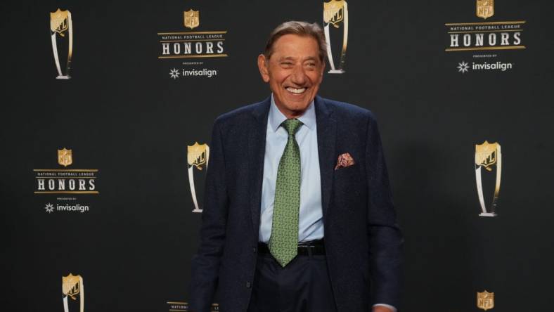 Feb 9, 2023; Phoenix, Arizona, US; Joe Namath poses for a photo on the red carpet before the NFL Honors award show at Symphony Hall. Mandatory Credit: Kirby Lee-USA TODAY Sports