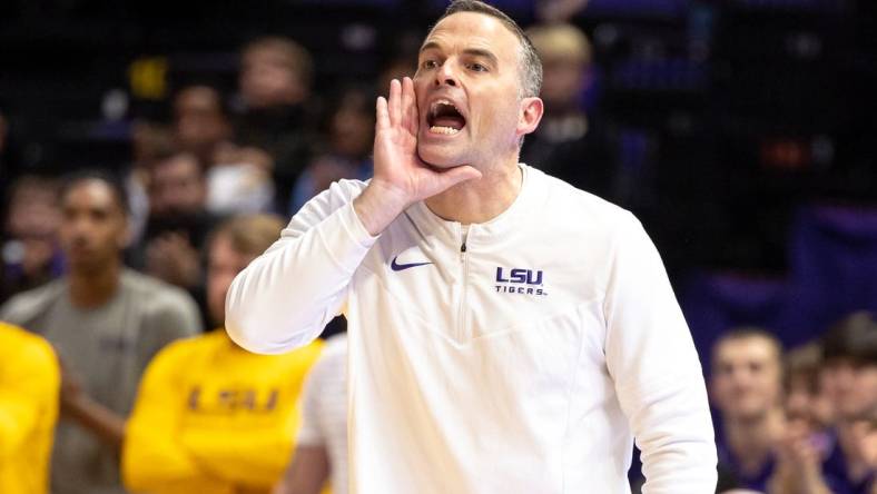 Feb 11, 2023; Baton Rouge, Louisiana, USA;  LSU Tigers head coach Matt McMahon yells during the second half against the Texas A&M Aggies at Pete Maravich Assembly Center. Mandatory Credit: Stephen Lew-USA TODAY Sports