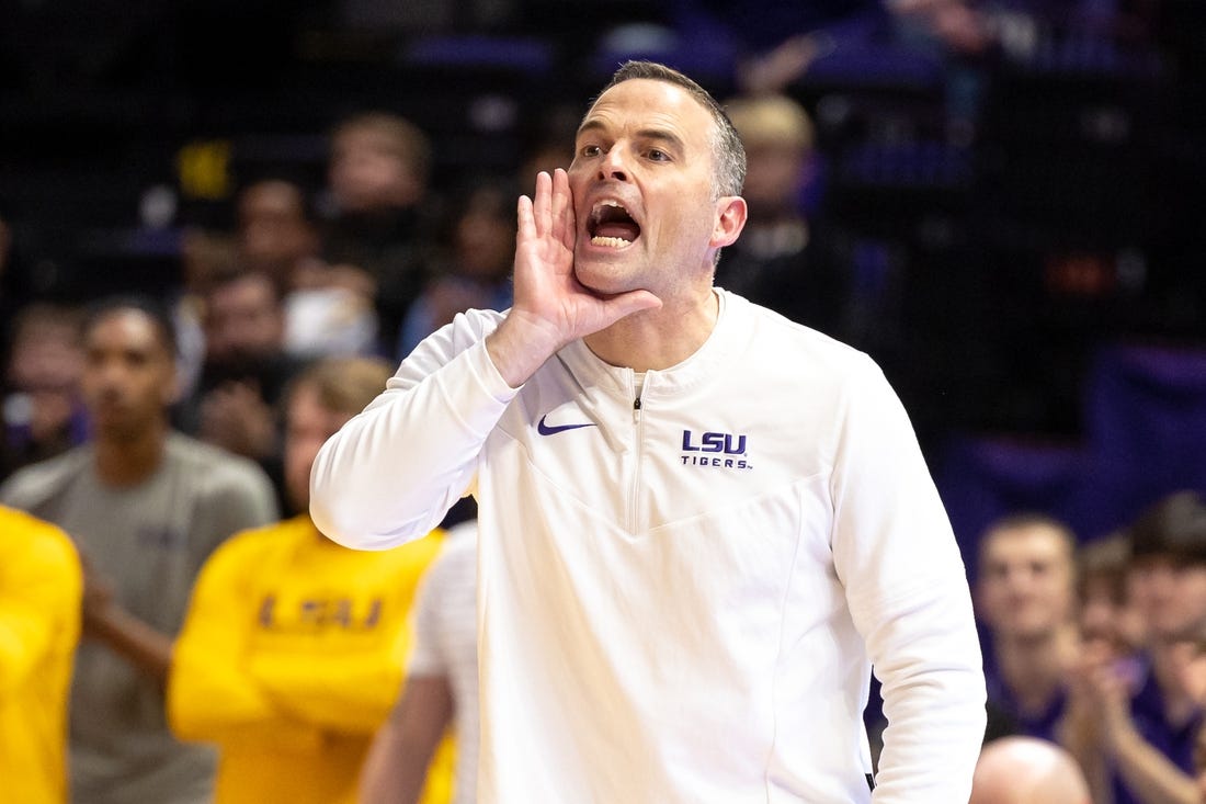 Feb 11, 2023; Baton Rouge, Louisiana, USA;  LSU Tigers head coach Matt McMahon yells during the second half against the Texas A&M Aggies at Pete Maravich Assembly Center. Mandatory Credit: Stephen Lew-USA TODAY Sports