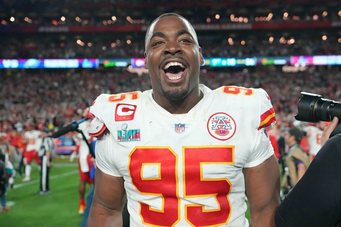 Feb 12, 2023; Glendale, Arizona, US; Kansas City Chiefs defensive tackle Chris Jones (95) celebrates after winning Super Bowl LVII against the Philadelphia Eagles at State Farm Stadium. Mandatory Credit: Kirby Lee-USA TODAY Sports