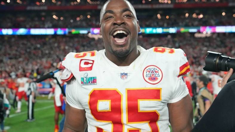 Feb 12, 2023; Glendale, Arizona, US; Kansas City Chiefs defensive tackle Chris Jones (95) celebrates after winning Super Bowl LVII against the Philadelphia Eagles at State Farm Stadium. Mandatory Credit: Kirby Lee-USA TODAY Sports