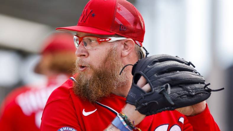 Feb 16, 2023; West Palm Beach, FL, USA; Washington Nationals starting pitcher Sean Doolittle (63) delivers a pitch during a spring training workout at The Ballpark of the Palm Beaches. Mandatory Credit: Sam Navarro-USA TODAY Sports