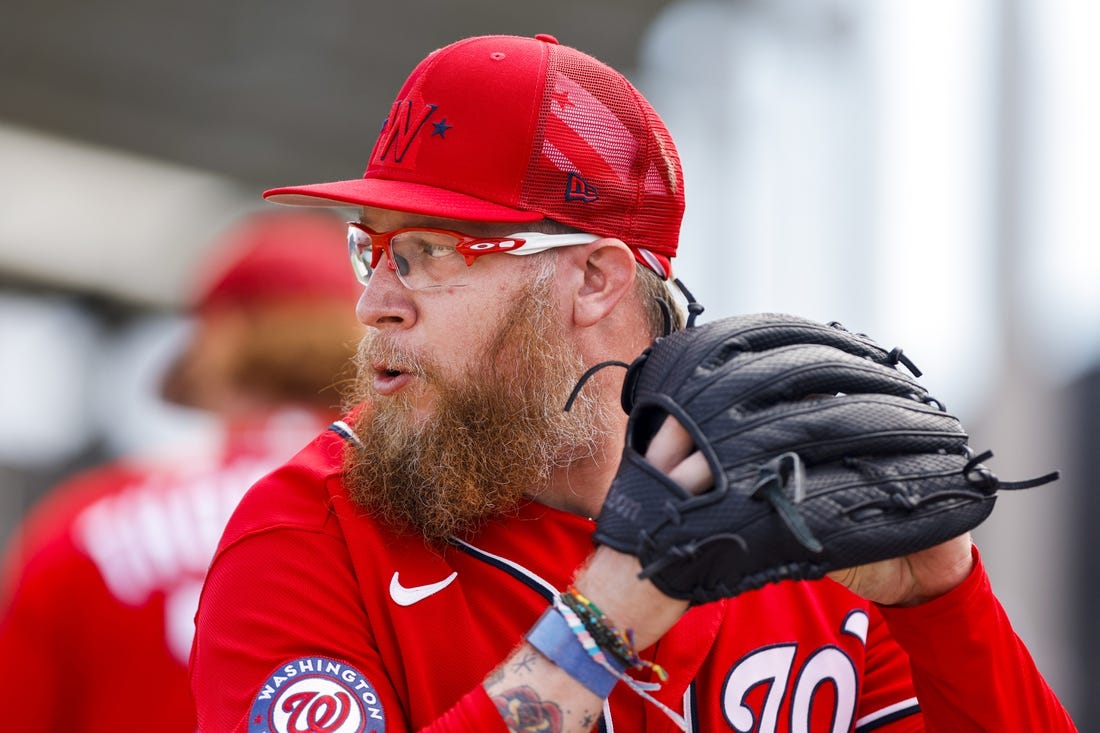 Feb 16, 2023; West Palm Beach, FL, USA; Washington Nationals starting pitcher Sean Doolittle (63) delivers a pitch during a spring training workout at The Ballpark of the Palm Beaches. Mandatory Credit: Sam Navarro-USA TODAY Sports