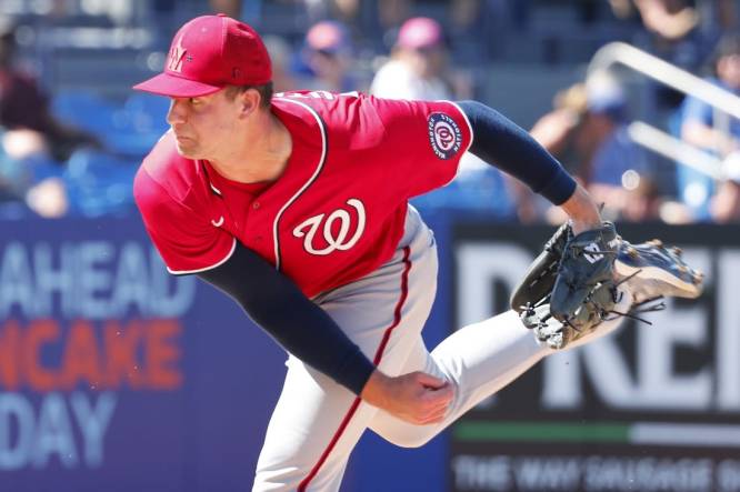 Feb 26, 2023; Port St. Lucie, Florida, USA; Washington Nationals starting pitcher Jackson Rutledge (79) throws a pitch during the third inning against the New York Mets at Clover Park. Mandatory Credit: Reinhold Matay-USA TODAY Sports