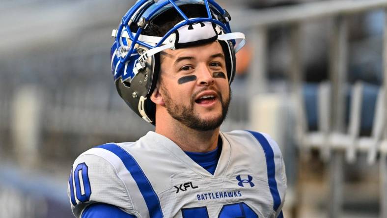 Feb 23, 2023; Seattle, WA, USA; St. Louis Battlehawks quarterback AJ McCarron (10) during pregame warmups at Lumen Field. St. Louis defeated Seattle 20-18. Mandatory Credit: Steven Bisig-USA TODAY Sports