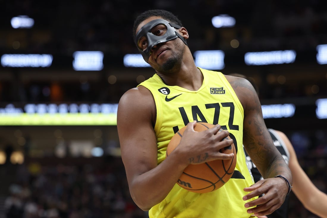 Feb 28, 2023; Salt Lake City, Utah, USA; Utah Jazz forward Rudy Gay (22) reacts to a play against the San Antonio Spurs in the second half at Vivint Arena. Mandatory Credit: Rob Gray-USA TODAY Sports