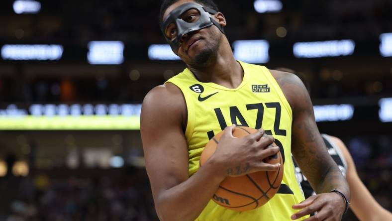 Feb 28, 2023; Salt Lake City, Utah, USA; Utah Jazz forward Rudy Gay (22) reacts to a play against the San Antonio Spurs in the second half at Vivint Arena. Mandatory Credit: Rob Gray-USA TODAY Sports