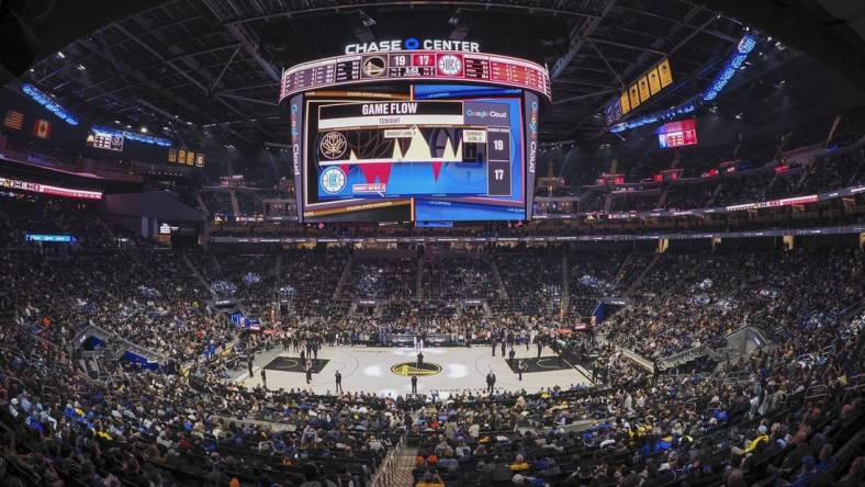 Mar 2, 2023; San Francisco, California, USA; Stadium view of Chase Center during the game between the Golden State Warriors and Los Angeles Clippers. Mandatory Credit: Kelley L Cox-USA TODAY Sports