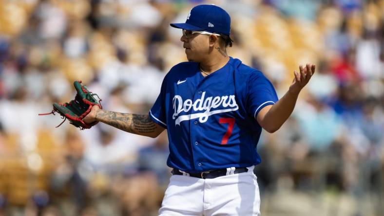 Mar 5, 2023; Phoenix, Arizona, USA; Los Angeles Dodgers pitcher Julio Urias reacts against the Chicago White Sox during a spring training game at Camelback Ranch-Glendale. Mandatory Credit: Mark J. Rebilas-USA TODAY Sports