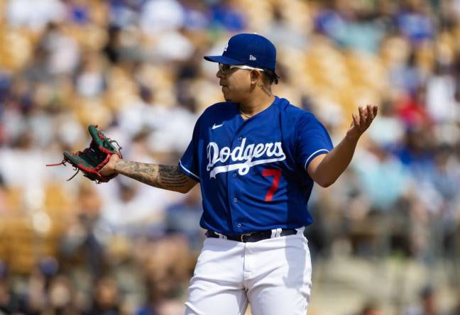 Mar 5, 2023; Phoenix, Arizona, USA; Los Angeles Dodgers pitcher Julio Urias reacts against the Chicago White Sox during a spring training game at Camelback Ranch-Glendale. Mandatory Credit: Mark J. Rebilas-USA TODAY Sports