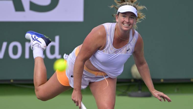 Mar 6, 2023; Indian Wells, CA, USA;  Coco Vandeweghe (USA) serves during her 1st round match against Laura Siegemund (not pictured) at the BNP Paribas Open at the Indian Well Tennis Garden. Mandatory Credit: Jayne Kamin-Oncea-USA TODAY Sports