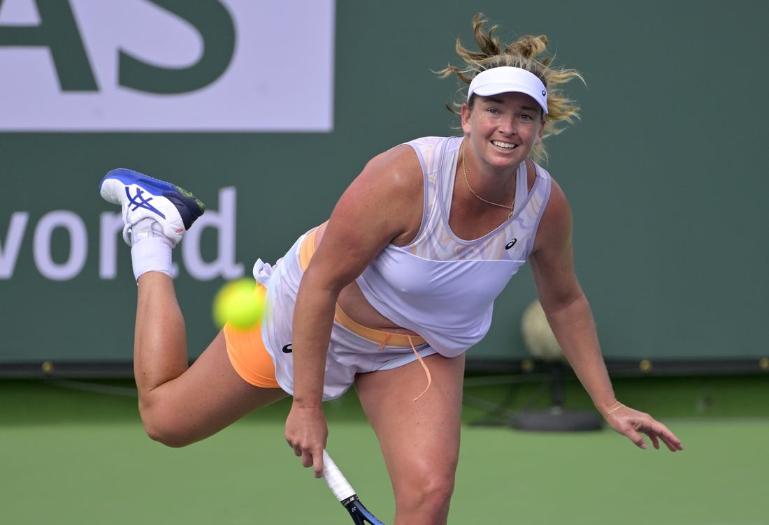 Mar 6, 2023; Indian Wells, CA, USA;  Coco Vandeweghe (USA) serves during her 1st round match against Laura Siegemund (not pictured) at the BNP Paribas Open at the Indian Well Tennis Garden. Mandatory Credit: Jayne Kamin-Oncea-USA TODAY Sports