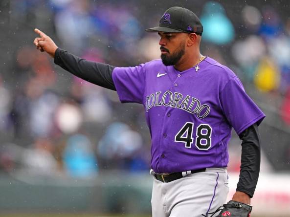 Mar 19, 2023; Summerlin, Nevada, USA; Colorado Rockies starting pitcher German Marquez (48) gestures after closing out the Kansas City Royals in the fourth inning at Las Vegas Ballpark. Mandatory Credit: Stephen R. Sylvanie-USA TODAY Sports
