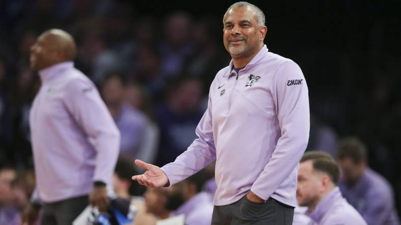 Mar 25, 2023; New York, NY, USA; Kansas State Wildcats head coach Jerome Tang reacts during the first half of an NCAA tournament East Regional final against the Florida Atlantic Owls at Madison Square Garden. Mandatory Credit: Brad Penner-USA TODAY Sports