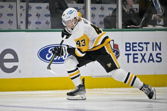 Mar 23, 2023; Dallas, Texas, USA; Pittsburgh Penguins left wing Danton Heinen (43) in action during the game between the Dallas Stars and the Pittsburgh Penguins at American Airlines Center. Mandatory Credit: Jerome Miron-USA TODAY Sports