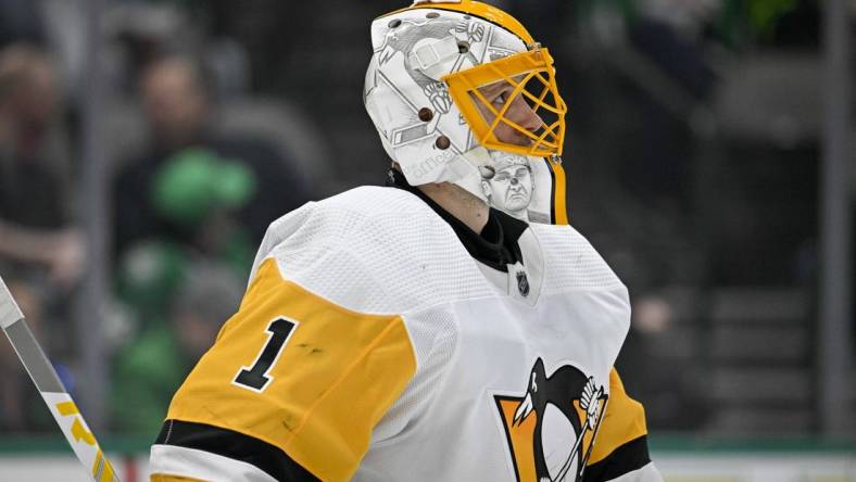 Mar 23, 2023; Dallas, Texas, USA; Pittsburgh Penguins goaltender Casey DeSmith (1) during the game between the Dallas Stars and the Pittsburgh Penguins at American Airlines Center. Mandatory Credit: Jerome Miron-USA TODAY Sports