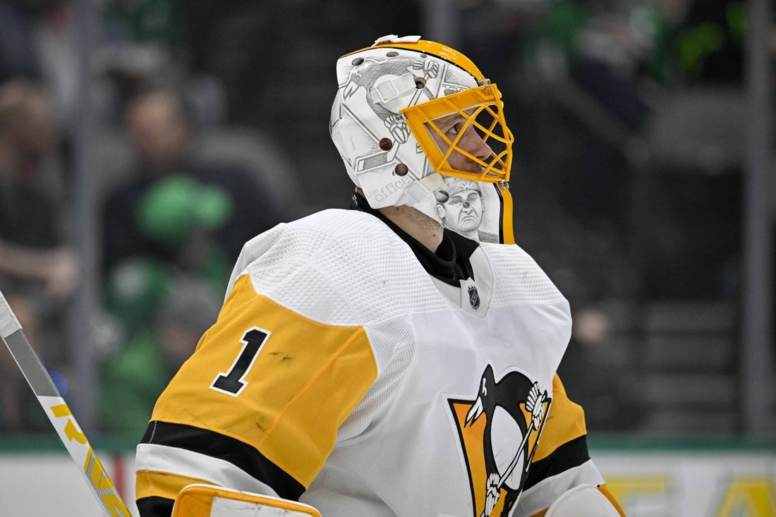 Mar 23, 2023; Dallas, Texas, USA; Pittsburgh Penguins goaltender Casey DeSmith (1) during the game between the Dallas Stars and the Pittsburgh Penguins at American Airlines Center. Mandatory Credit: Jerome Miron-USA TODAY Sports