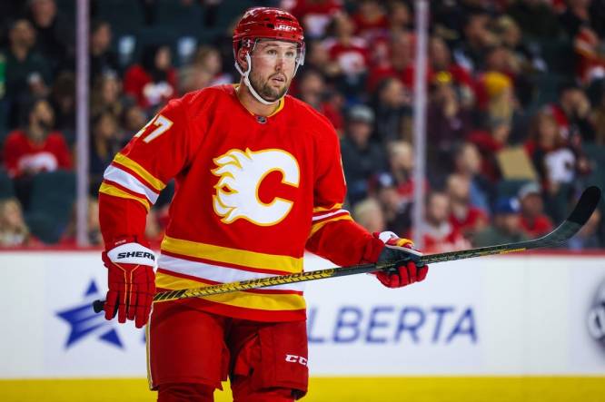 Mar 28, 2023; Calgary, Alberta, CAN; Calgary Flames left wing Nick Ritchie (27) against the Los Angeles Kings during the first period at Scotiabank Saddledome. Mandatory Credit: Sergei Belski-USA TODAY Sports