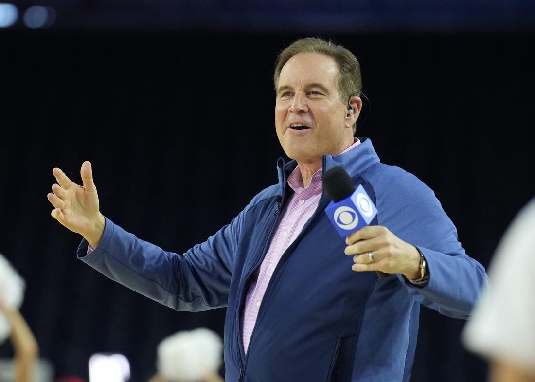 Mar 31, 2023; Houston, TX, USA; CBS broadcaster Jim Nantz reacts during a practice session the day before the Final Four of the 2023 NCAA Tournament at NRG Stadium. Mandatory Credit: Robert Deutsch-USA TODAY Sports