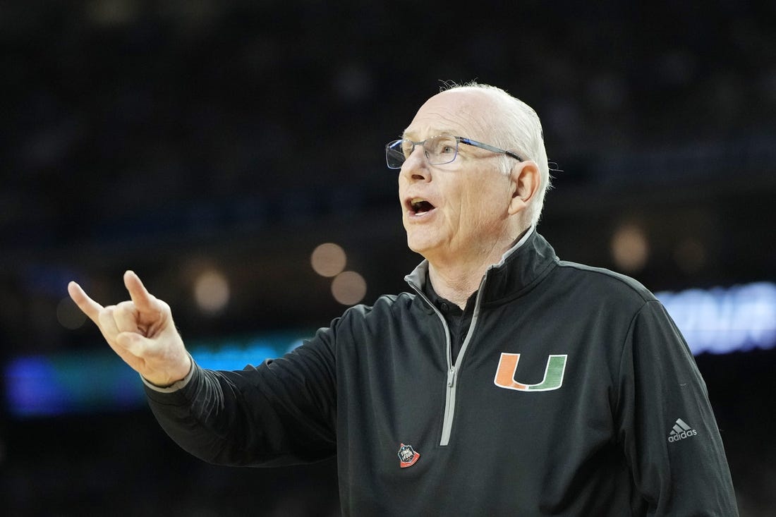 Apr 1, 2023; Houston, TX, USA; Miami (Fl) Hurricanes head coach Jim Larranaga instructs his team against the Connecticut Huskies during the first half in the semifinals of the Final Four of the 2023 NCAA Tournament at NRG Stadium. Mandatory Credit: Bob Donnan-USA TODAY Sports