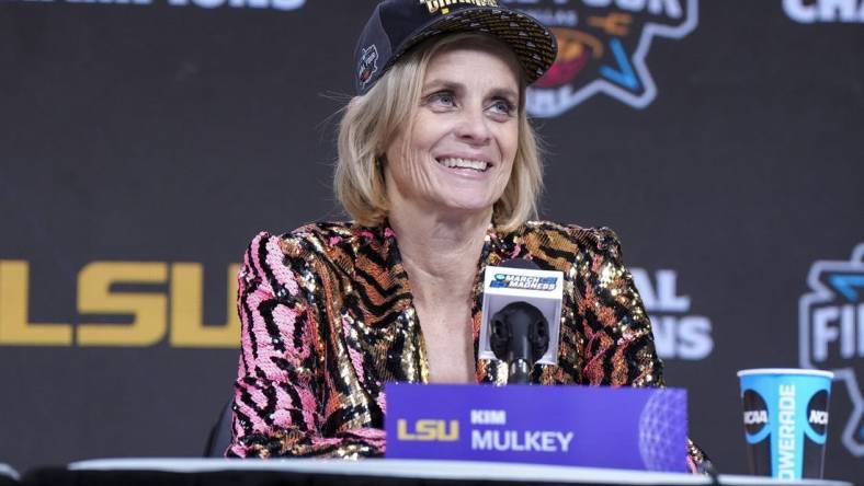 Apr 2, 2023; Dallas, TX, USA; LSU Lady Tigers head coach Kim Mulkey speaks to members of the media after defeating the Iowa Hawkeyes in the final round of the Women's Final Four NCAA tournament at the American Airlines Center. Mandatory Credit: Kirby Lee-USA TODAY Sports