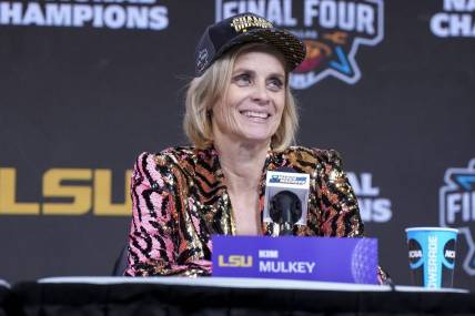 Apr 2, 2023; Dallas, TX, USA; LSU Lady Tigers head coach Kim Mulkey speaks to members of the media after defeating the Iowa Hawkeyes in the final round of the Women's Final Four NCAA tournament at the American Airlines Center. Mandatory Credit: Kirby Lee-USA TODAY Sports