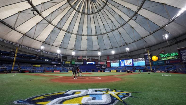 Apr 7, 2023; St. Petersburg, Florida, USA;  a general view of the stadium before the start of a game between the Oakland Athletics and Tampa Bay Rays at Tropicana Field. Mandatory Credit: Nathan Ray Seebeck-USA TODAY Sports