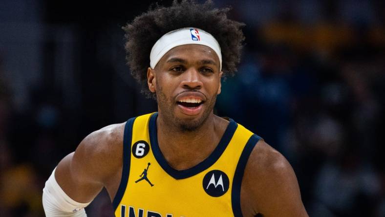 Apr 7, 2023; Indianapolis, Indiana, USA; Indiana Pacers guard Buddy Hield (24)  in the second half against Detroit Pistons at Gainbridge Fieldhouse. Mandatory Credit: Trevor Ruszkowski-USA TODAY Sports