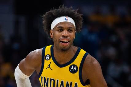Apr 7, 2023; Indianapolis, Indiana, USA; Indiana Pacers guard Buddy Hield (24)  in the second half against Detroit Pistons at Gainbridge Fieldhouse. Mandatory Credit: Trevor Ruszkowski-USA TODAY Sports