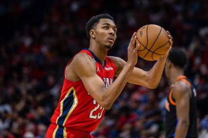 Apr 7, 2023; New Orleans, Louisiana, USA;  New Orleans Pelicans guard Trey Murphy III (25) shoots a free throw against the New York Knicks during the second half at Smoothie King Center. Mandatory Credit: Stephen Lew-USA TODAY Sports