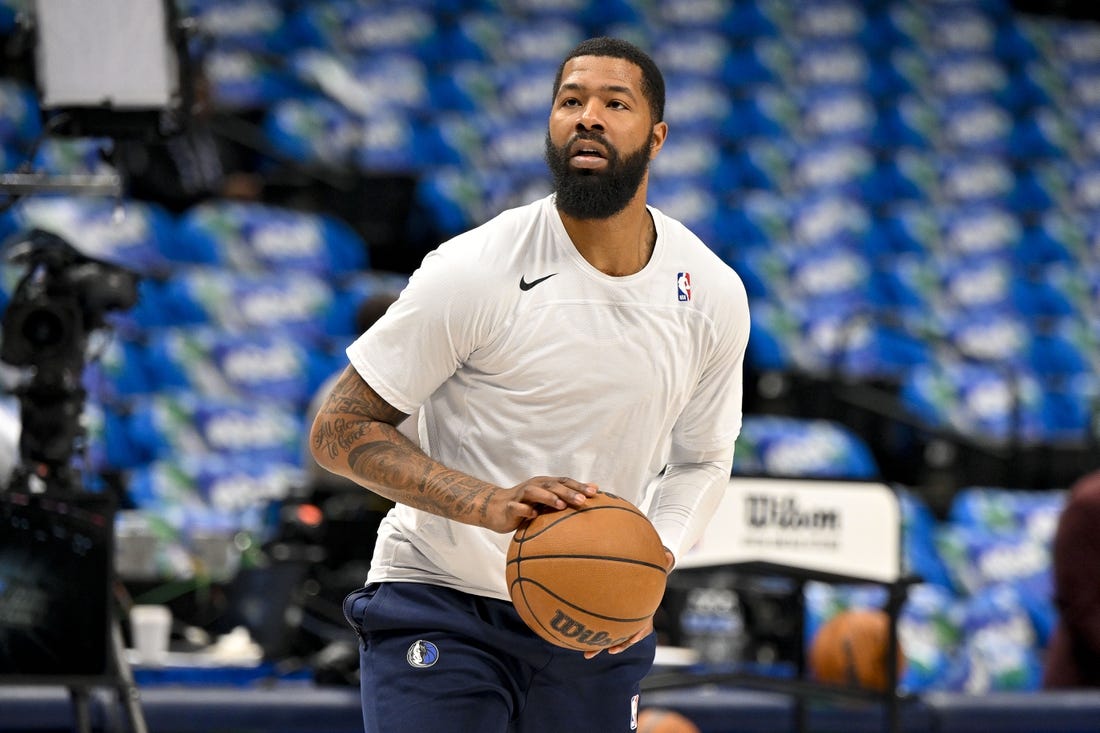 Apr 9, 2023; Dallas, Texas, USA; Dallas Mavericks forward Markieff Morris (13) warms up before the game between the Dallas Mavericks and the San Antonio Spurs at the American Airlines Center. Mandatory Credit: Jerome Miron-USA TODAY Sports