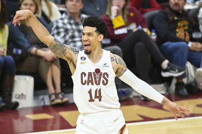 Apr 9, 2023; Cleveland, Ohio, USA; Cleveland Cavaliers forward Danny Green (14) reacts after missing a three-point basket in the fourth quarter against the Charlotte Hornets at Rocket Mortgage FieldHouse. Mandatory Credit: David Richard-USA TODAY Sports