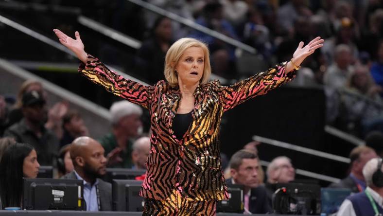 Apr 2, 2023; Dallas, TX, USA; LSU Lady Tigers head coach Kim Mulkey reacts against the Iowa Hawkeyes during the NCAA Womens Basketball Final Four National Championship at American Airlines Center. Mandatory Credit: Kirby Lee-USA TODAY Sports