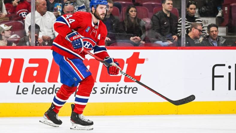 Apr 4, 2023; Montreal, Quebec, CAN; Montreal Canadiens defenseman Joel Edmundson (44) against the Detroit Red Wings during the first period at Bell Centre. Mandatory Credit: David Kirouac-USA TODAY Sports