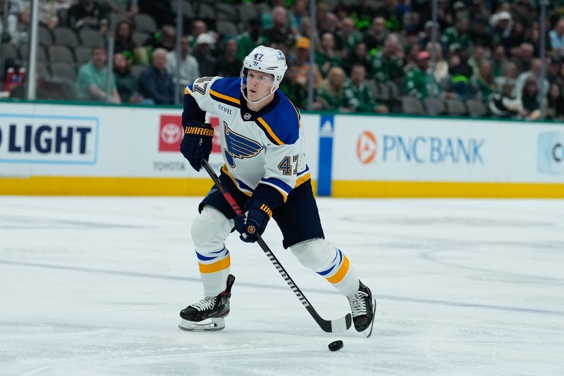 Apr 13, 2023; Dallas, Texas, USA;  St. Louis Blues defenseman Torey Krug (47) skates with the puck against the Dallas Stars during the first period at American Airlines Center. Mandatory Credit: Chris Jones-USA TODAY Sports