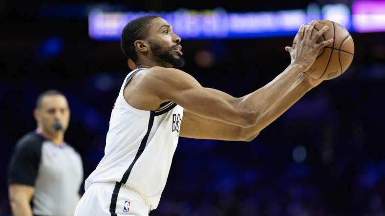 Apr 17, 2023; Philadelphia, Pennsylvania, USA; Brooklyn Nets forward Mikal Bridges (1) shoots the ball against the Philadelphia 76ers during the second quarter in game two of the 2023 NBA playoffs at Wells Fargo Center. Mandatory Credit: Bill Streicher-USA TODAY Sports