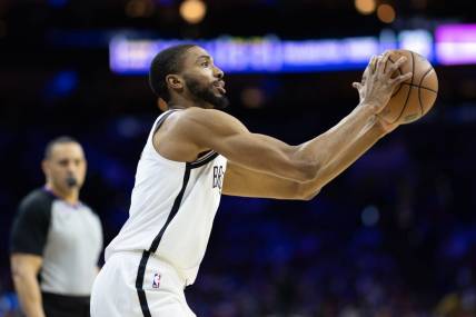 Apr 17, 2023; Philadelphia, Pennsylvania, USA; Brooklyn Nets forward Mikal Bridges (1) shoots the ball against the Philadelphia 76ers during the second quarter in game two of the 2023 NBA playoffs at Wells Fargo Center. Mandatory Credit: Bill Streicher-USA TODAY Sports