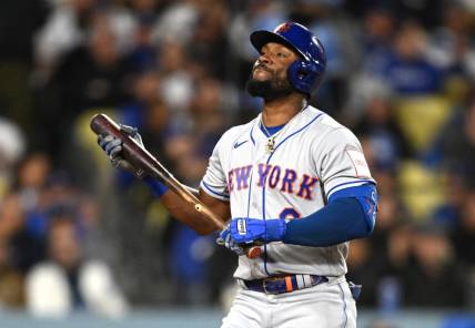 Apr 18, 2023; Los Angeles, California, USA; New York Mets right fielder Starling Marte (6) reacts after striking out in the third inning against the Los Angeles Dodgers at Dodger Stadium. Mandatory Credit: Jayne Kamin-Oncea-USA TODAY Sports