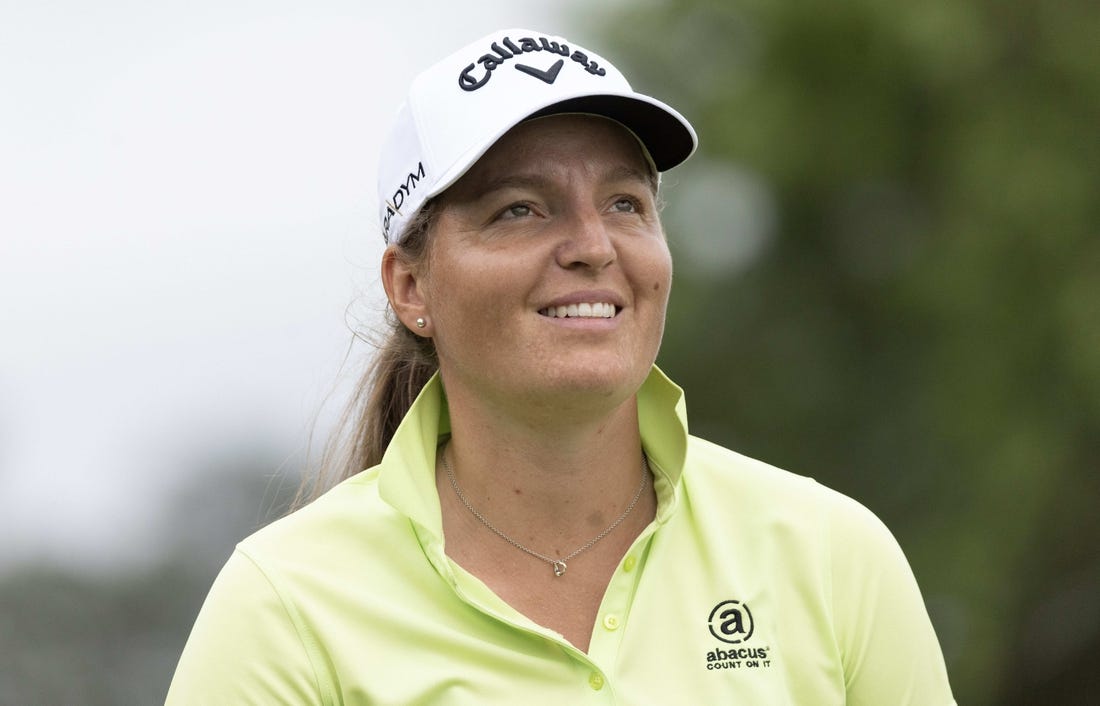 Apr 20, 2023; The Woodlands, Texas, USA; Perrine Delacour (FRA) reacts after hitting off the fourth tee during the first round of The Chevron Championship golf tournament. Mandatory Credit: Thomas Shea-USA TODAY Sports