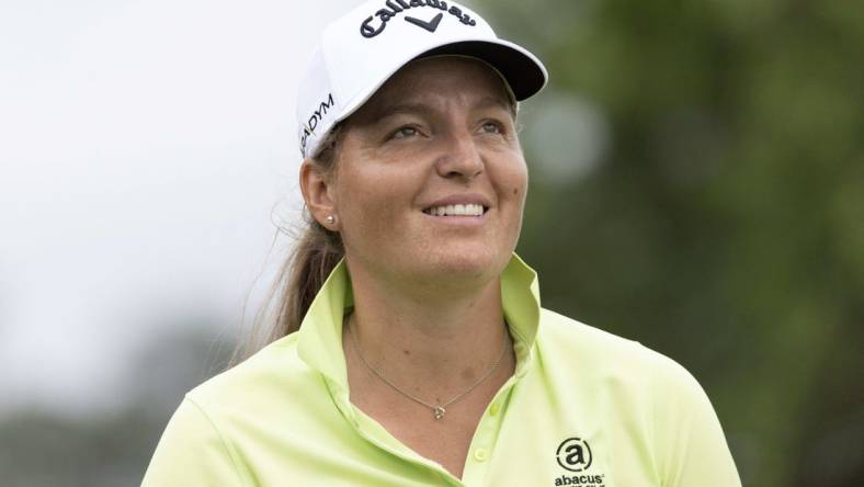 Apr 20, 2023; The Woodlands, Texas, USA; Perrine Delacour (FRA) reacts after hitting off the fourth tee during the first round of The Chevron Championship golf tournament. Mandatory Credit: Thomas Shea-USA TODAY Sports