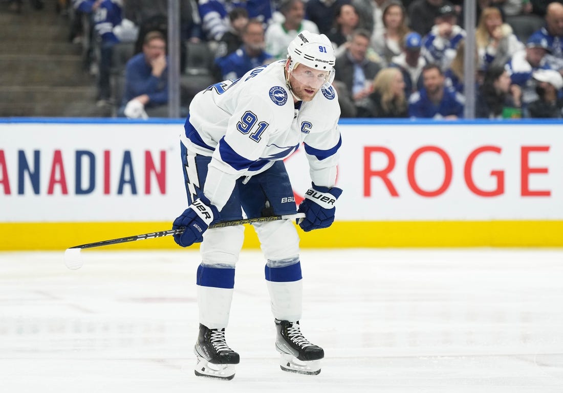 Apr 20, 2023; Toronto, Ontario, CAN; Tampa Bay Lightning center Steven Stamkos (91) gets ready for the play to begin against the Toronto Maple Leafs during the third period in game two of the first round of the 2023 Stanley Cup Playoffs at Scotiabank Arena. Mandatory Credit: Nick Turchiaro-USA TODAY Sports