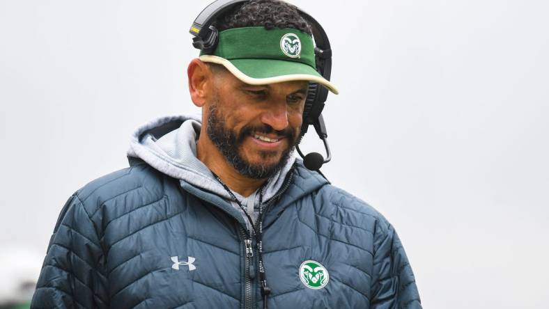 Colorado State head coach Jay Norvell roams the sideline during the green and gold spring game on Saturday, April 22, 2023, at Canvas Stadium in Fort Collins.