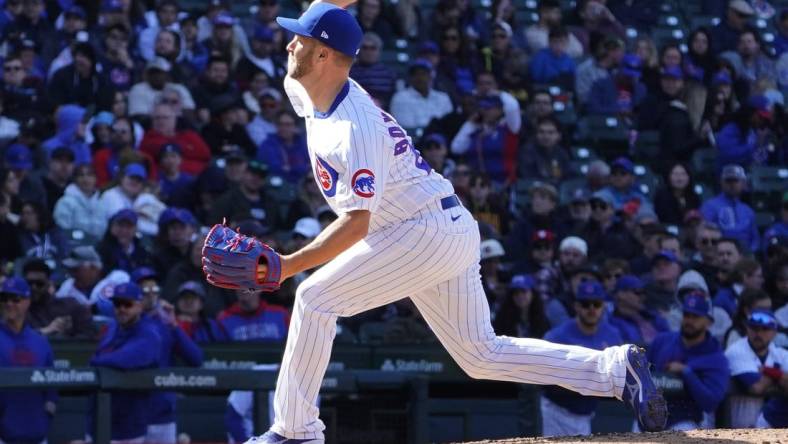 Apr 27, 2023; Chicago, Illinois, USA; Chicago Cubs relief pitcher Brad Boxberger (25) throws against the San Diego Padres during the ninth inning at Wrigley Field. Mandatory Credit: David Banks-USA TODAY Sports