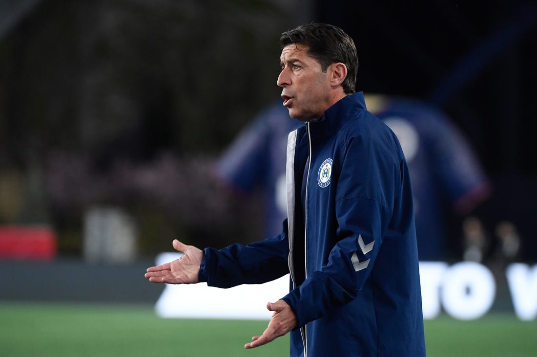 Apr 25, 2023; Foxborough, MA, USA; Hartford Athletic head coach Tab Ramos reacts to game action during the first half against the New England Revolution at Gillette Stadium. Mandatory Credit: Eric Canha-USA TODAY Sports