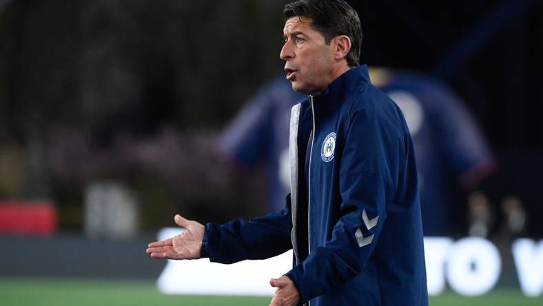 Apr 25, 2023; Foxborough, MA, USA; Hartford Athletic head coach Tab Ramos reacts to game action during the first half against the New England Revolution at Gillette Stadium. Mandatory Credit: Eric Canha-USA TODAY Sports