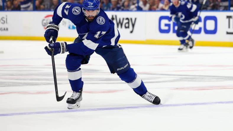 Apr 29, 2023; Tampa, Florida, USA; Tampa Bay Lightning left wing Alex Killorn (17) controls the puck against the Toronto Maple Leafs in the first period during game six of the first round of the 2023 Stanley Cup Playoffs at Amalie Arena. Mandatory Credit: Nathan Ray Seebeck-USA TODAY Sports