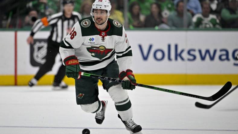 Apr 25, 2023; Dallas, Texas, USA; Minnesota Wild right wing Mats Zuccarello (36) in action during the game between the Dallas Stars and the Minnesota Wild in game five of the first round of the 2023 Stanley Cup Playoffs at American Airlines Center. Mandatory Credit: Jerome Miron-USA TODAY Sports