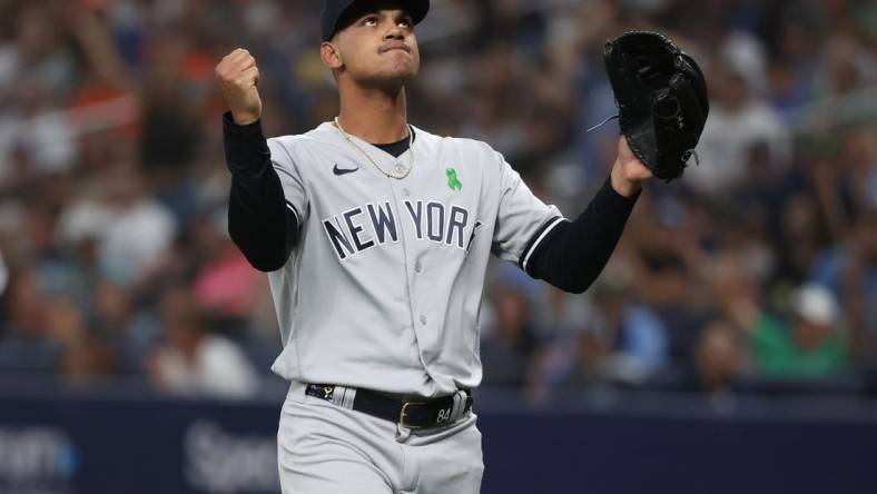 May 5, 2023; St. Petersburg, Florida, USA; New York Yankees relief pitcher Albert Abreu (84) reacts at the end of the fifth inning against the Tampa Bay Rays at Tropicana Field. Mandatory Credit: Kim Klement-USA TODAY Sports