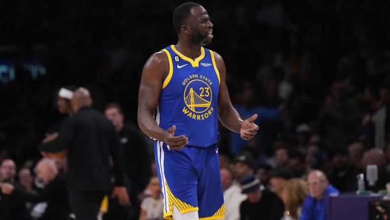 May 8, 2023; Los Angeles, California, USA; Golden State Warriors forward Draymond Green (23) reacts in the second half of game four of the 2023 NBA playoffs against the Los Angeles Lakers at Crypto.com Arena. Mandatory Credit: Kirby Lee-USA TODAY Sports