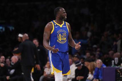 May 8, 2023; Los Angeles, California, USA; Golden State Warriors forward Draymond Green (23) reacts in the second half of game four of the 2023 NBA playoffs against the Los Angeles Lakers at Crypto.com Arena. Mandatory Credit: Kirby Lee-USA TODAY Sports